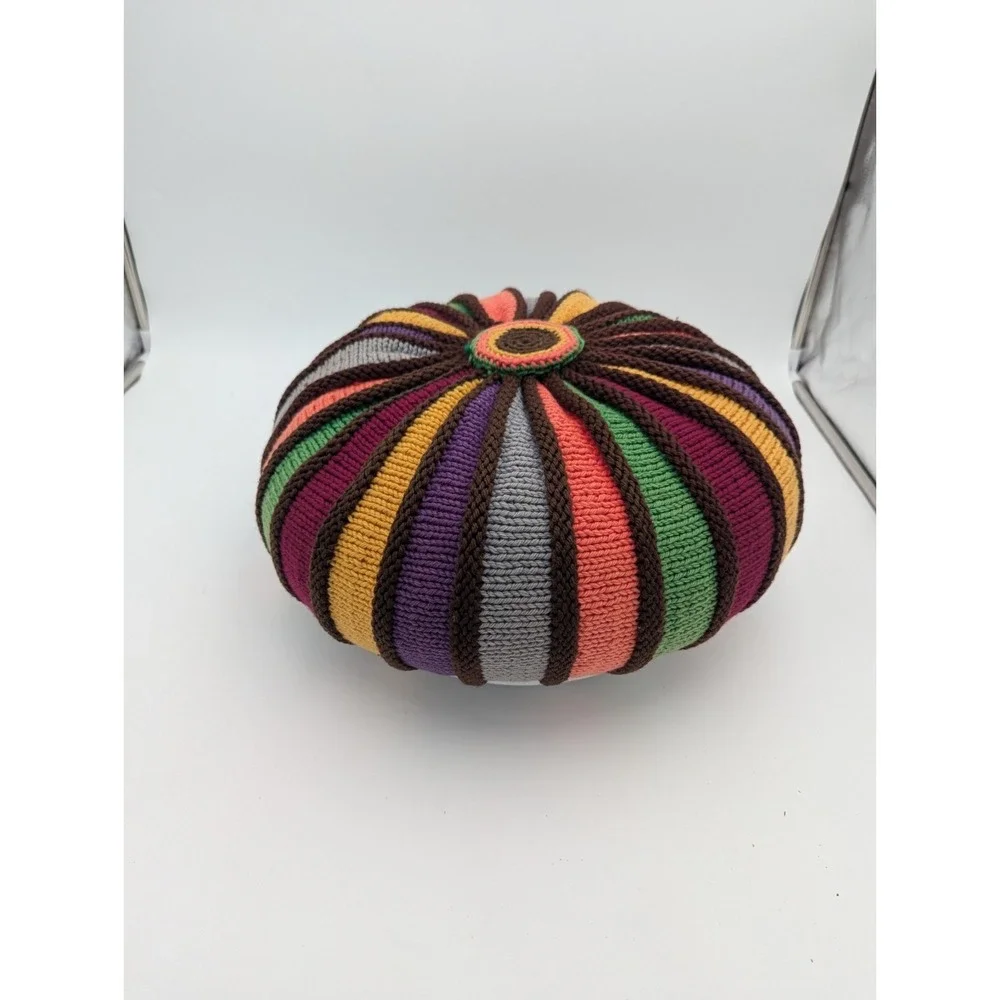VTG Handmade Crochet Round Floor‎ Pillow Multicolor Boho Cushion 15 Inch Granny